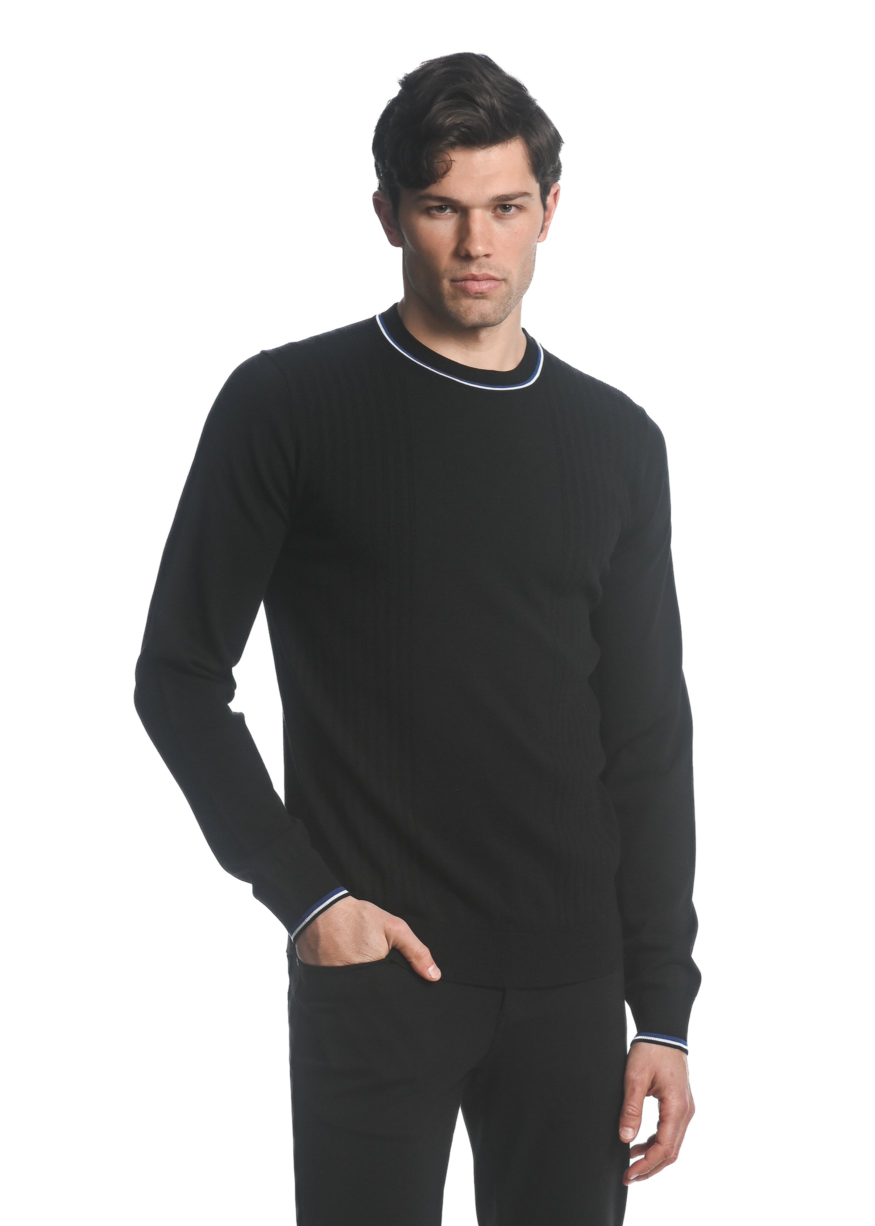 BLACK SILK TENCEL TEXTURED KNIT CREW SWEATER W/ TIPPING PM-16221