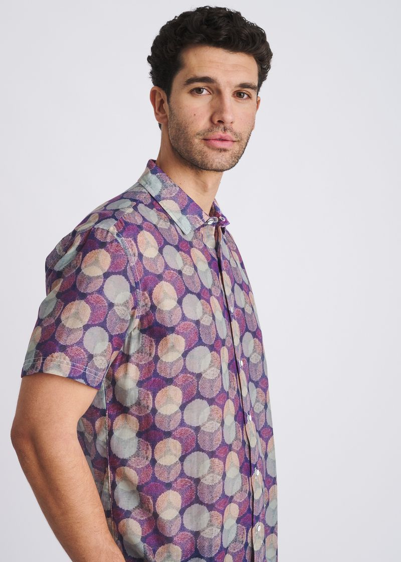 SAGE/PURPLE CIRCLES PRINTED LIGHTWEIGHT COTTON/SILK SHORT SLEEVE SHIRT PM-46055