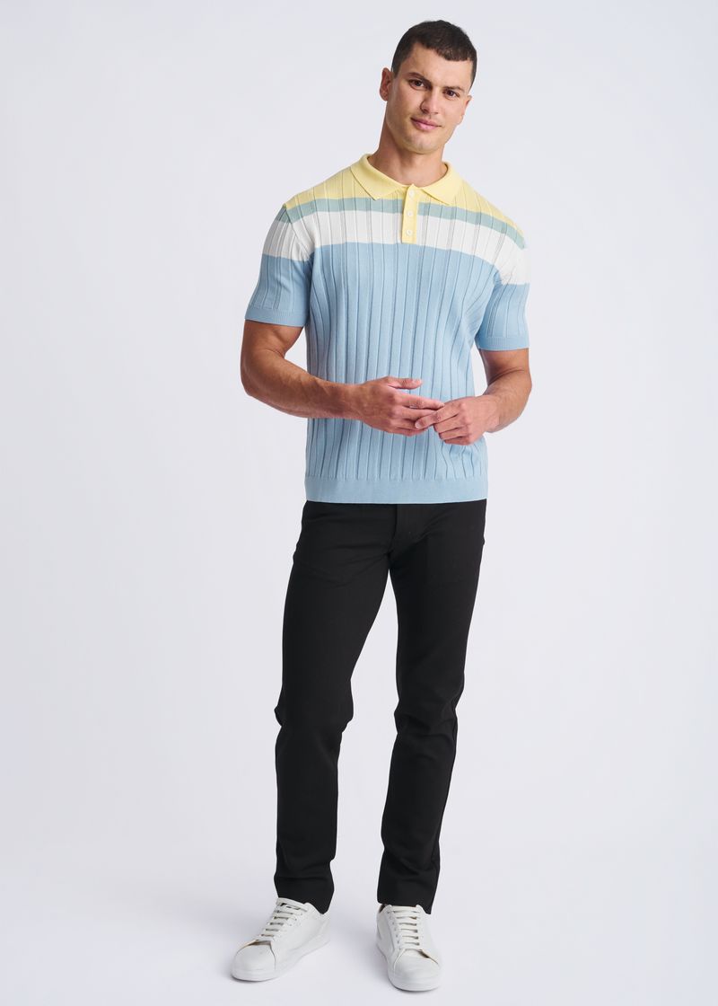 BLUE ICE/YOLK COLOR BLOCK SILK/TENCEL 3-BUTTON KINIT POLO PM-16322