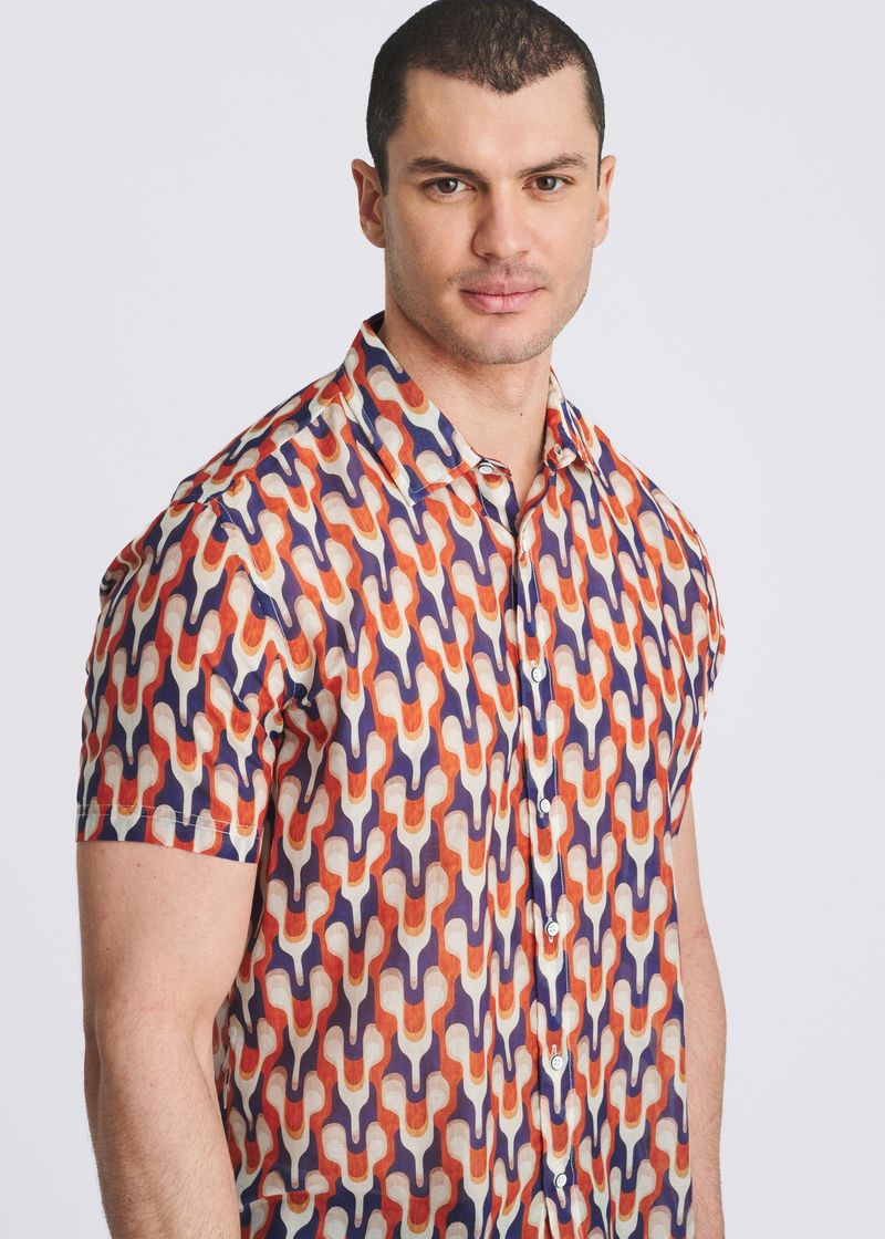 RUST/ADMIRAL SWIRLS PRINTED LIGHTWEIGHT COTTON/SILK SHORT SLEEVE SHIRT PM-46054