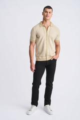 NUTMEG/LATTE HONEYCOMB TEXTURED COTTON BUTTON FRONT KNIT SHIRT PM-16329