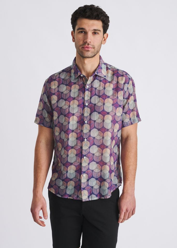 SAGE/PURPLE CIRCLES PRINTED LIGHTWEIGHT COTTON/SILK SHORT SLEEVE SHIRT PM-46055