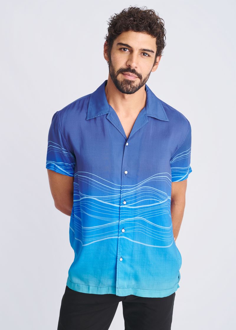 BLUE/OCEAN WAVES PRINTED MODAL SHORT SLEEVE BORDER SHIRT PM-49022