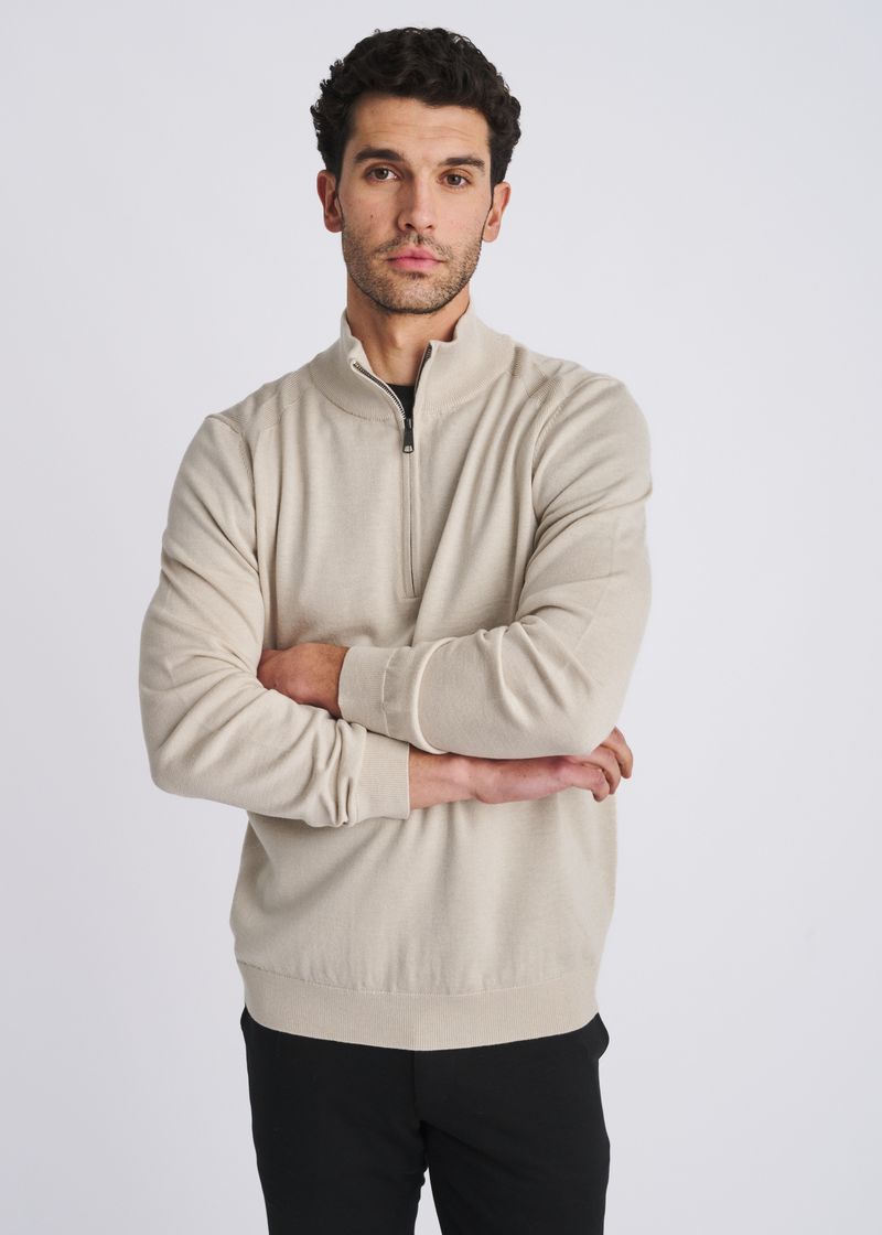 OATMEAL QUARTER ZIP WOOL BLEND KNIT CARDIGAN PM-16417