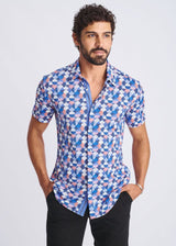 PURPLE/WISTERIA SWIRLS PRINTED PERFORMANCE SHORT SLEEVE SHIRT W/ CONTRAST PLACKET PM-76110
