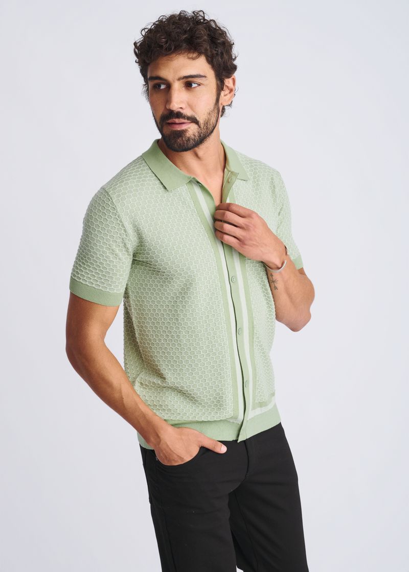 Honeycomb Textured Button Down KNIT Shirt Light Moss / XXL