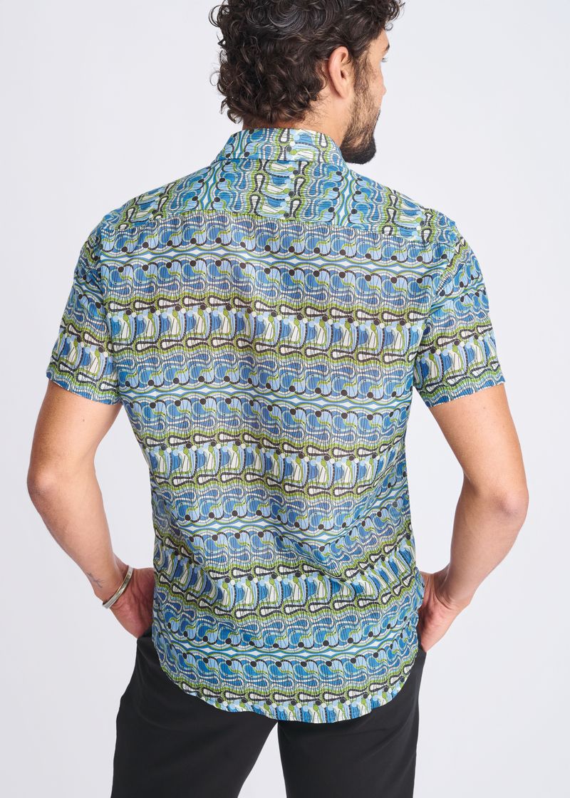 COBALT/OLIVE SWIRLS PRINTED LIGHTWEIGHT COTTON/SILK SHORT SLEEVE SHIRT PM-46045