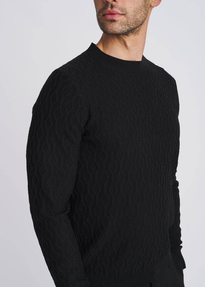 BLACK CABLE KNIT CREW NECK WOOL BLEND SWEATER PM-16421