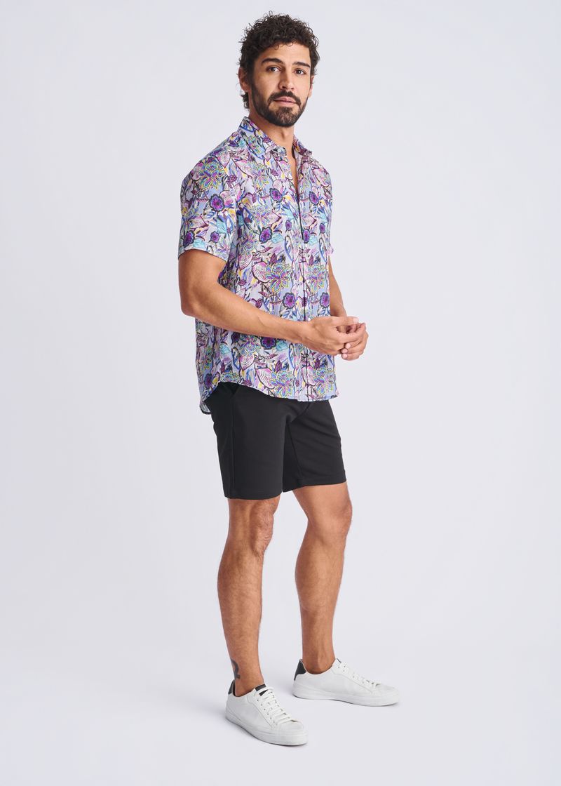 PERIWINKLE/VIOLET FLORAL PRINTED LIGHTWEIGHT LINEN/TENCEL SHORT SLEEVE SHIRT PM-45040