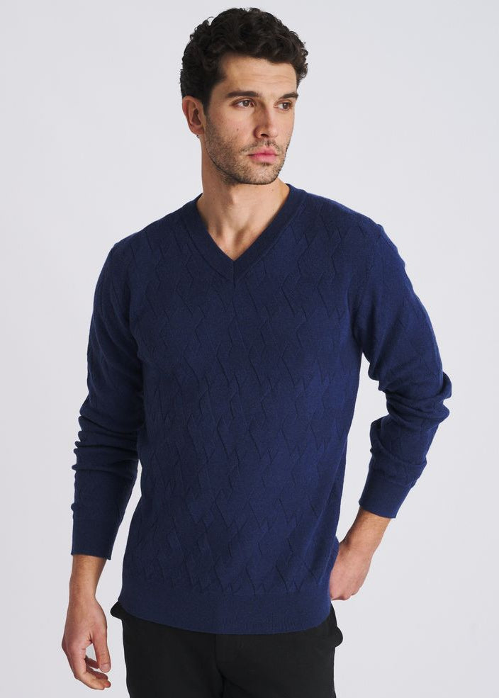 NAVY V-NECK BASKETWEAVE WOOL BLEND KNIT SWEATER PM-16420