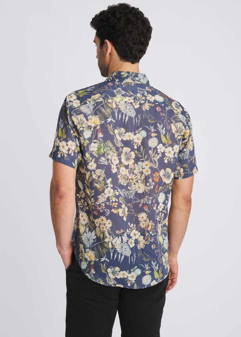 NAVY/SEACREST BLOOMS PRINTED LIGHTWEIGHT LINEN/TENCEL SHORT SLEEVE SHIRT PM-45047