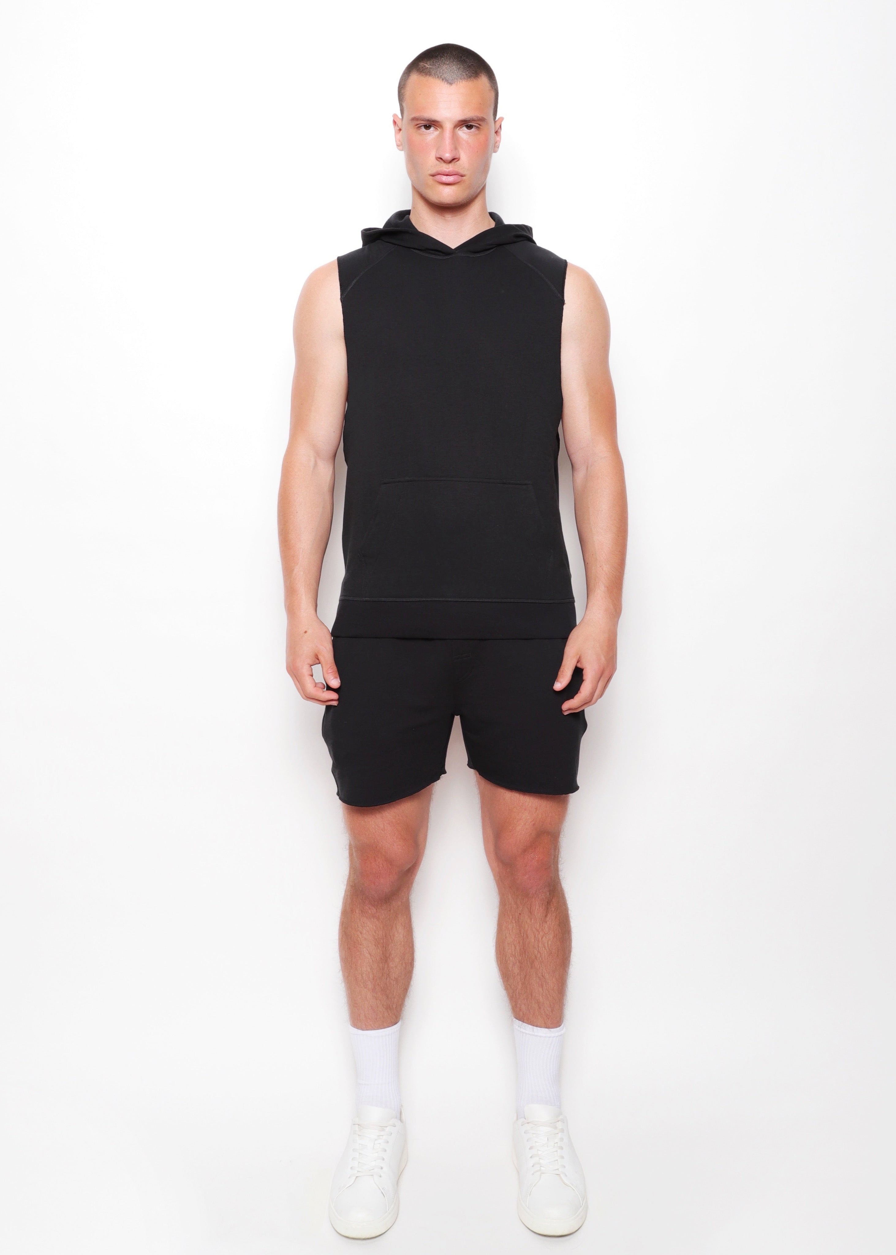 BLACK SLEEVELESS FLEECE HOODIE PM-70010