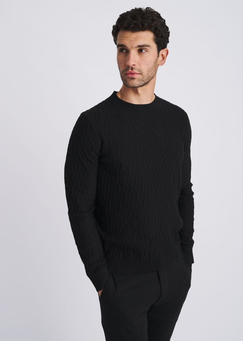 BLACK CABLE KNIT CREW NECK WOOL BLEND SWEATER PM-16421