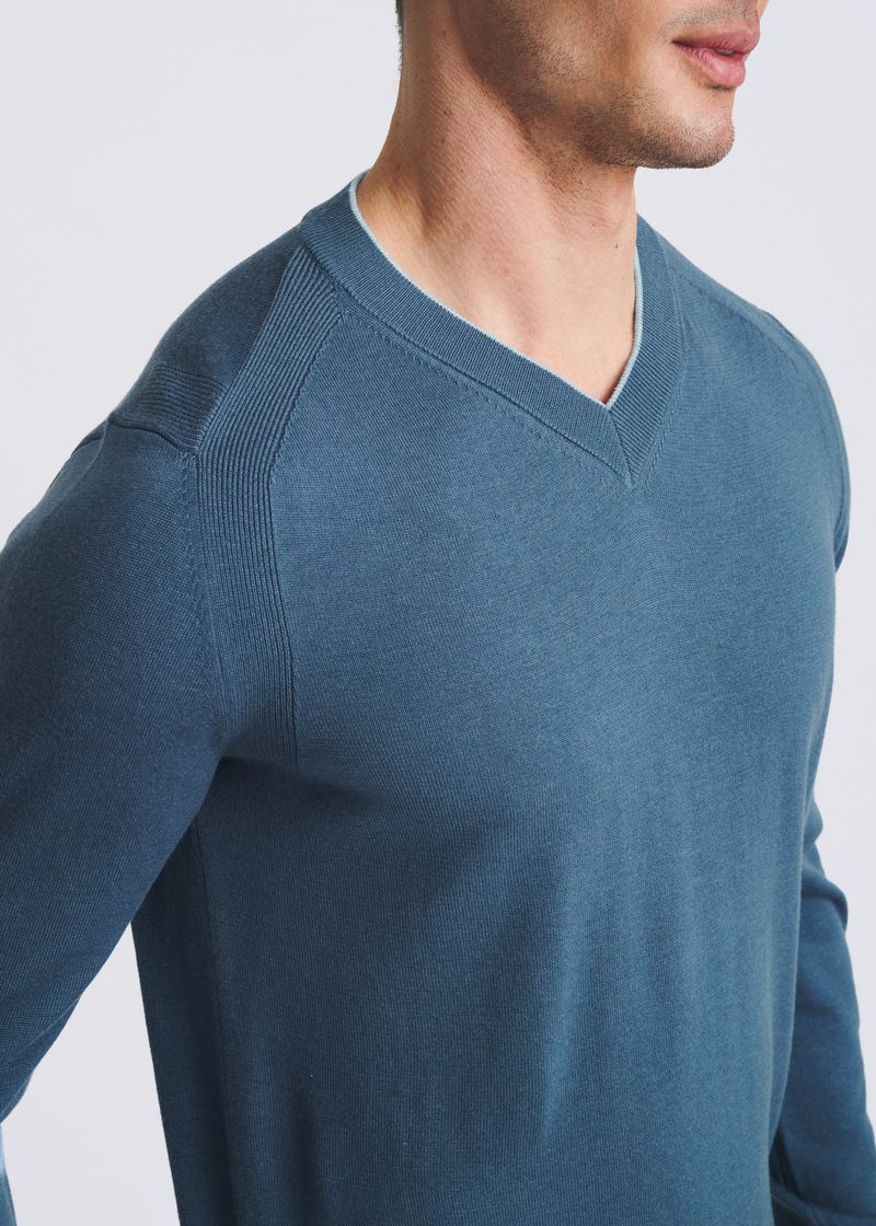 PETROL/AQUA CONTRAST V-NECK WOOL BLEND KNIT SWEATER PM-16418