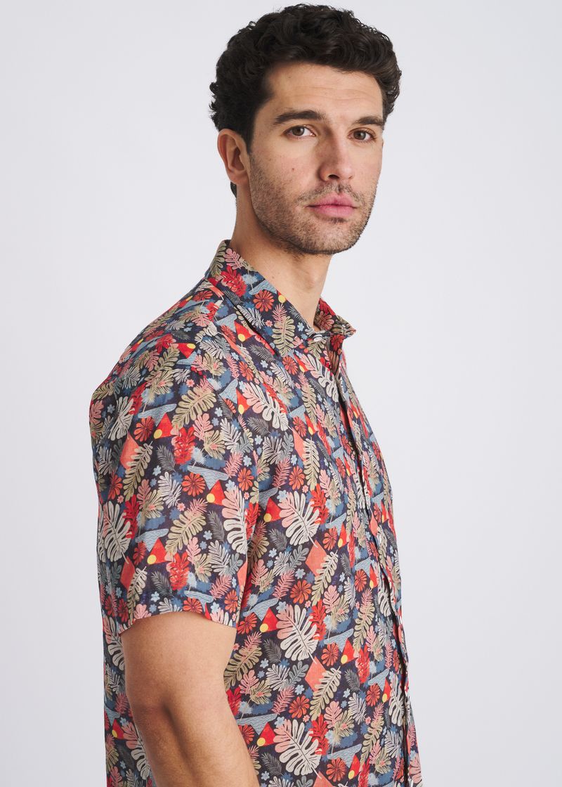 NAVY/SAGE LEAVES PRINTED LIGHTWEIGHT LINEN/TENCEL SHORT SLEEVE SHIRT PM-45052