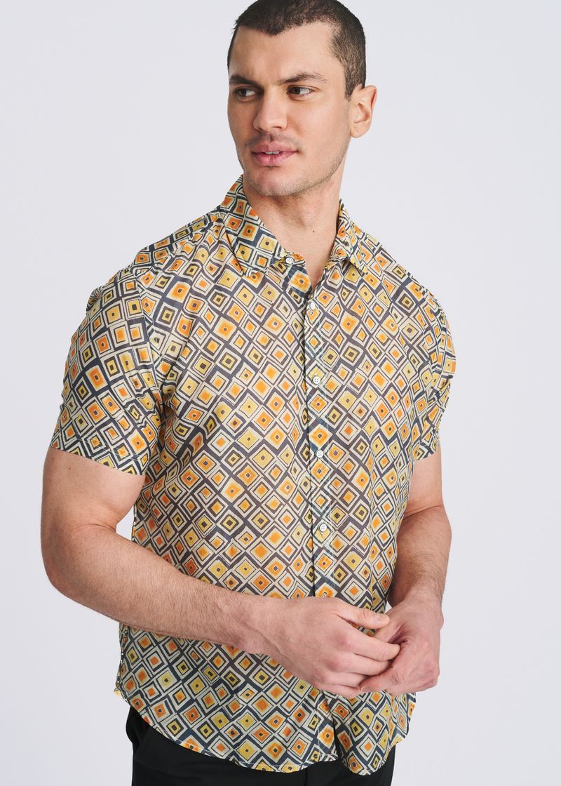 GOLD/NAVY DIAMONDS PRINTED LIGHTWEIGHT COTTON/SILK SHORT SLEEVE SHIRT PM-46047