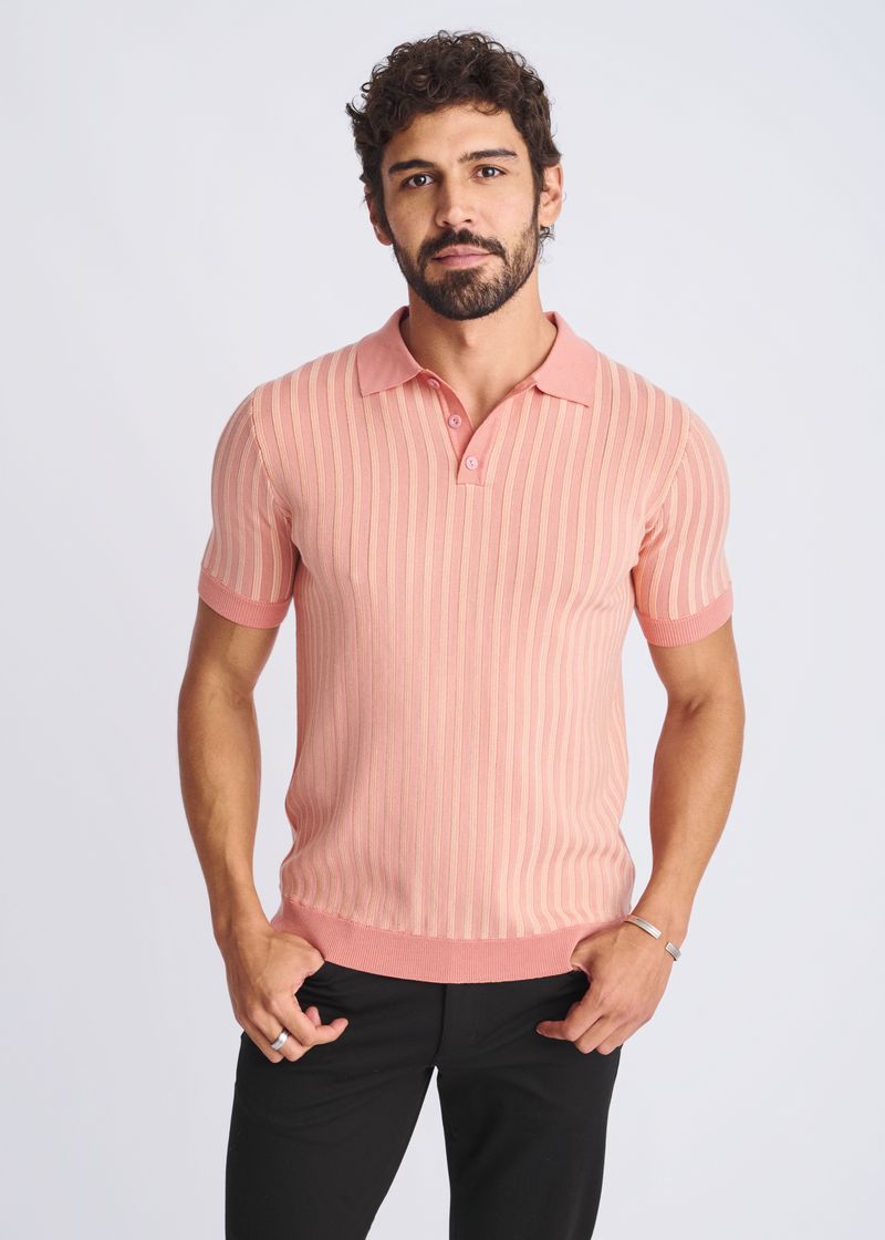 CORAL/SHERBET TEXTURED STRIPES SILK/TENCEL 3-BUTTON KNIT POLO PM-16323