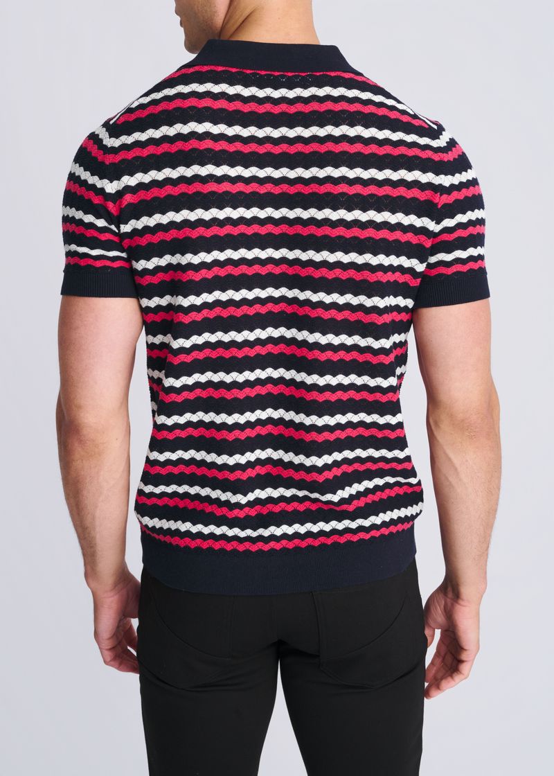 BUBBLE GUM/NAVY/OFF WHITE WAVE TEXTURED COTTON 3-BUTTON KNIT POLO PM-16320