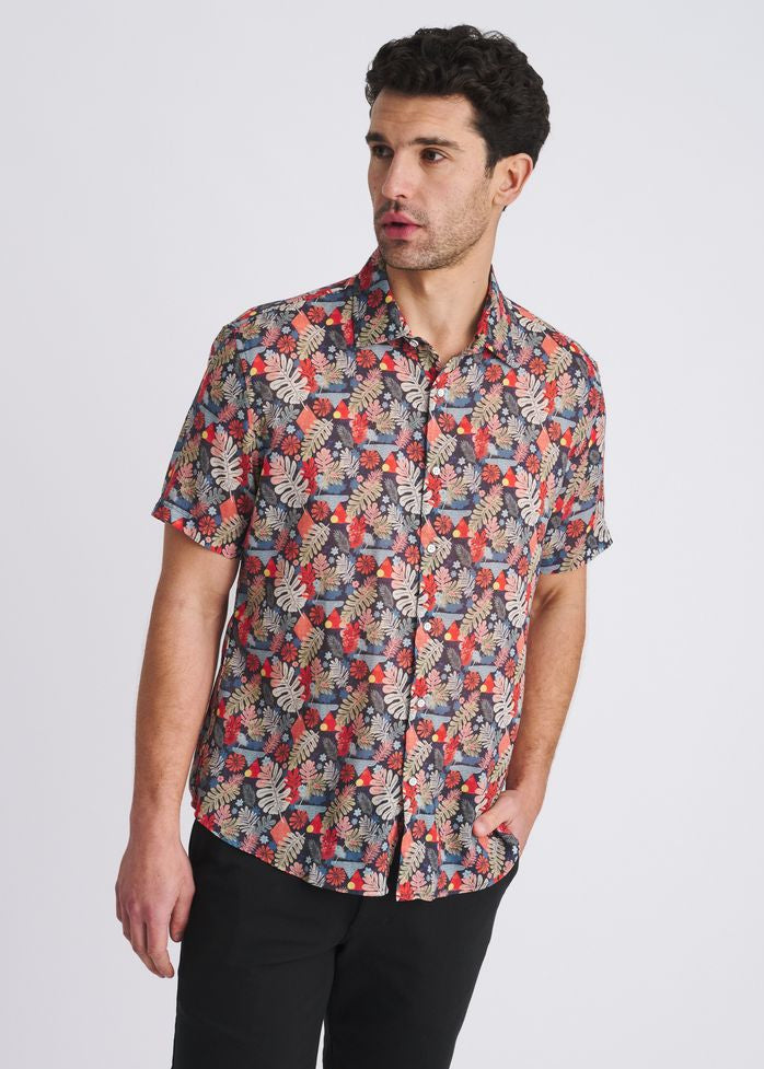 NAVY/SAGE LEAVES PRINTED LIGHTWEIGHT LINEN/TENCEL SHORT SLEEVE SHIRT PM-45052