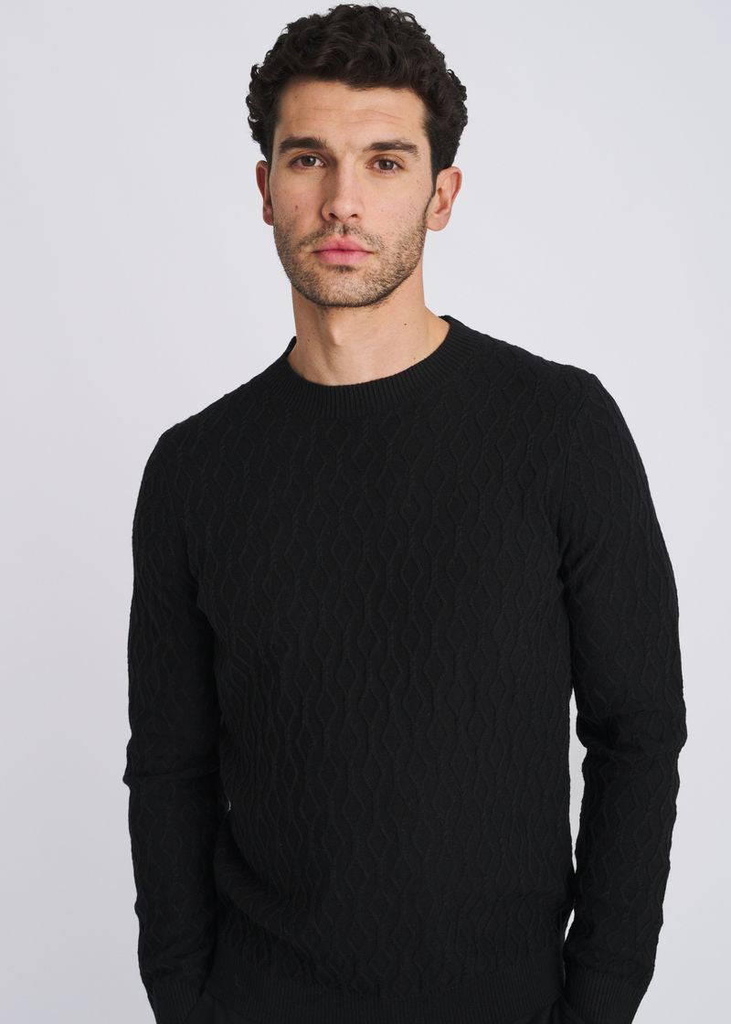 BLACK CABLE KNIT CREW NECK WOOL BLEND SWEATER PM-16421