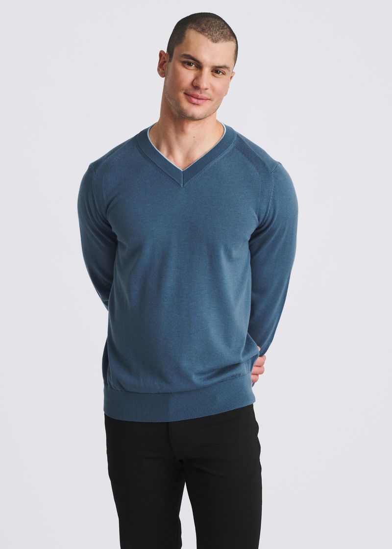 PETROL/AQUA CONTRAST V-NECK WOOL BLEND KNIT SWEATER PM-16418