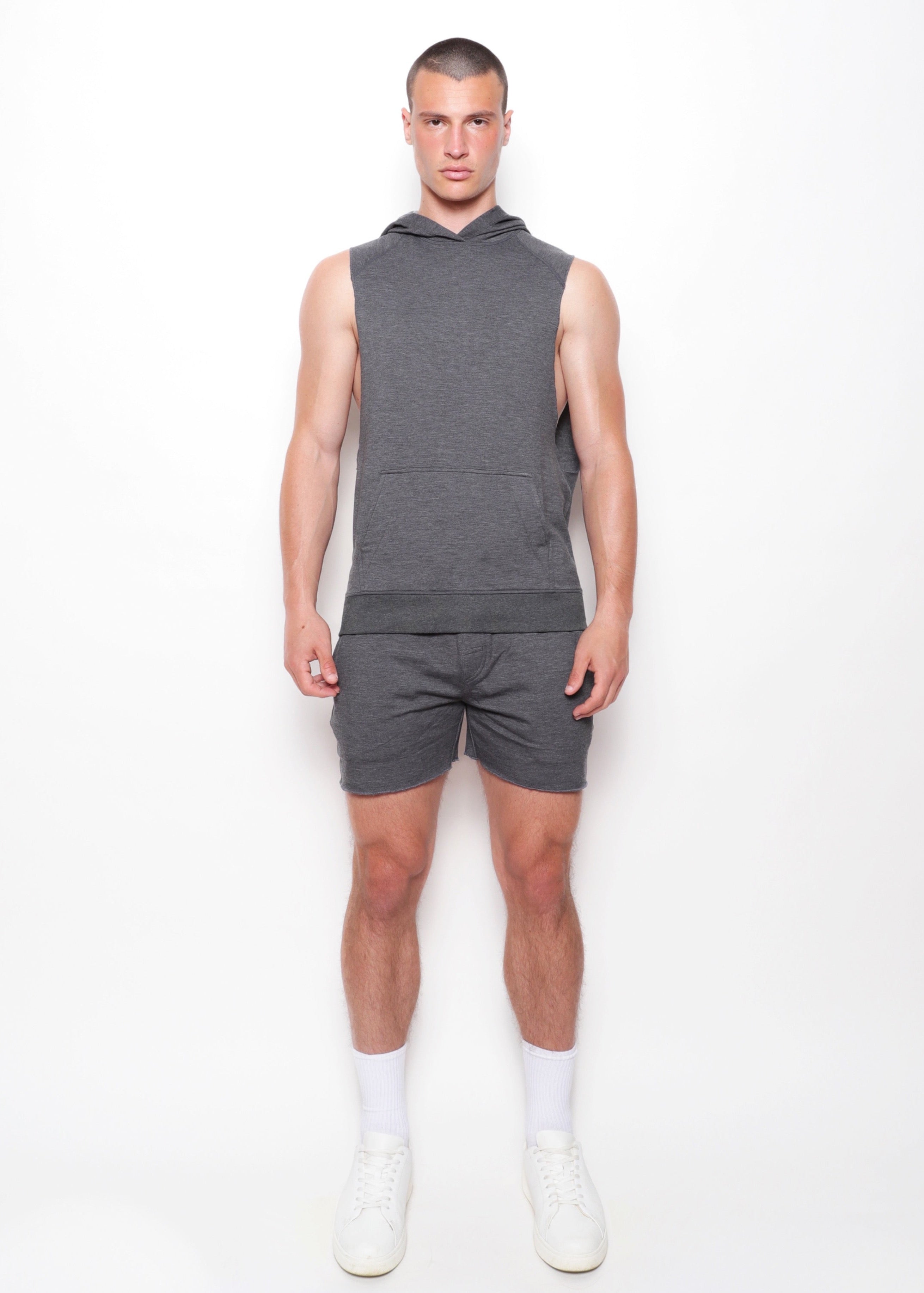 HEATHER GREY SLEEVELESS FLEECE HOODIE PM-70010