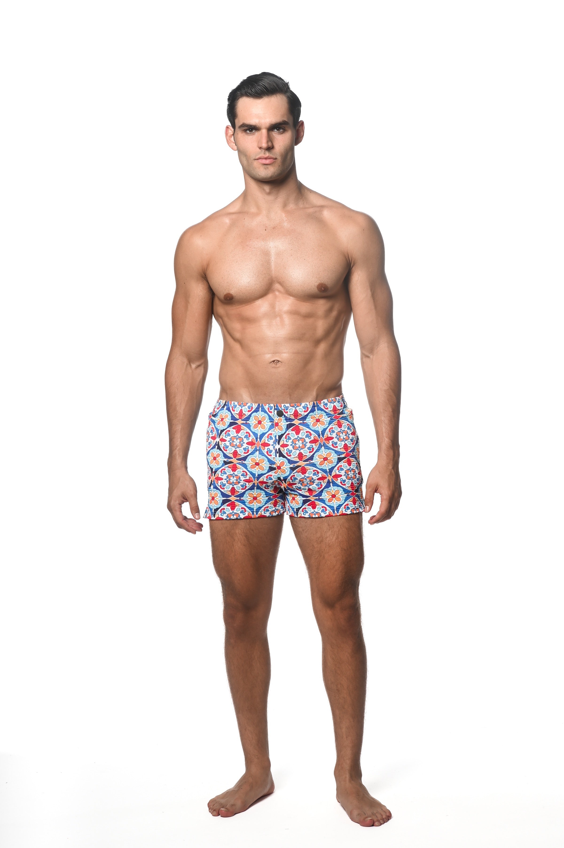 BLUE/GOLD FLORAL TILES PRINTED SEERSUCKER SWIM SHORT W/ LINER PM-6018-35