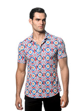 BLUE/ GOLD FLORAL TILES PRINTED PERFORMANCE SHORT SLEEVES STRETCH SHIRT PM-76077