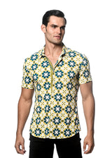 TEAL/ CITRUS FLORAL TILES PRINTED PERFORMANCE SHORT SLEEVES STRETCH SHIRT PM-76078