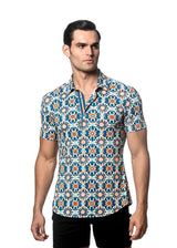 COBALT/ SUNRISE FLORAL TILES PRINTED PERFORMANCE SHORT SLEEVES STRETCH SHIRT PM-76079