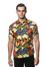 SIENNA/ MIDNIGHT HIBISCUS PRINTED LINEN TENCEL SHORT SLEEVES WOVEN SHIRT PM-45027