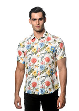 ROYAL/ BLUSH FLORAL PRINTED LINEN TENCEL SHORT SLEEVES WOVEN SHIRT PM-45029