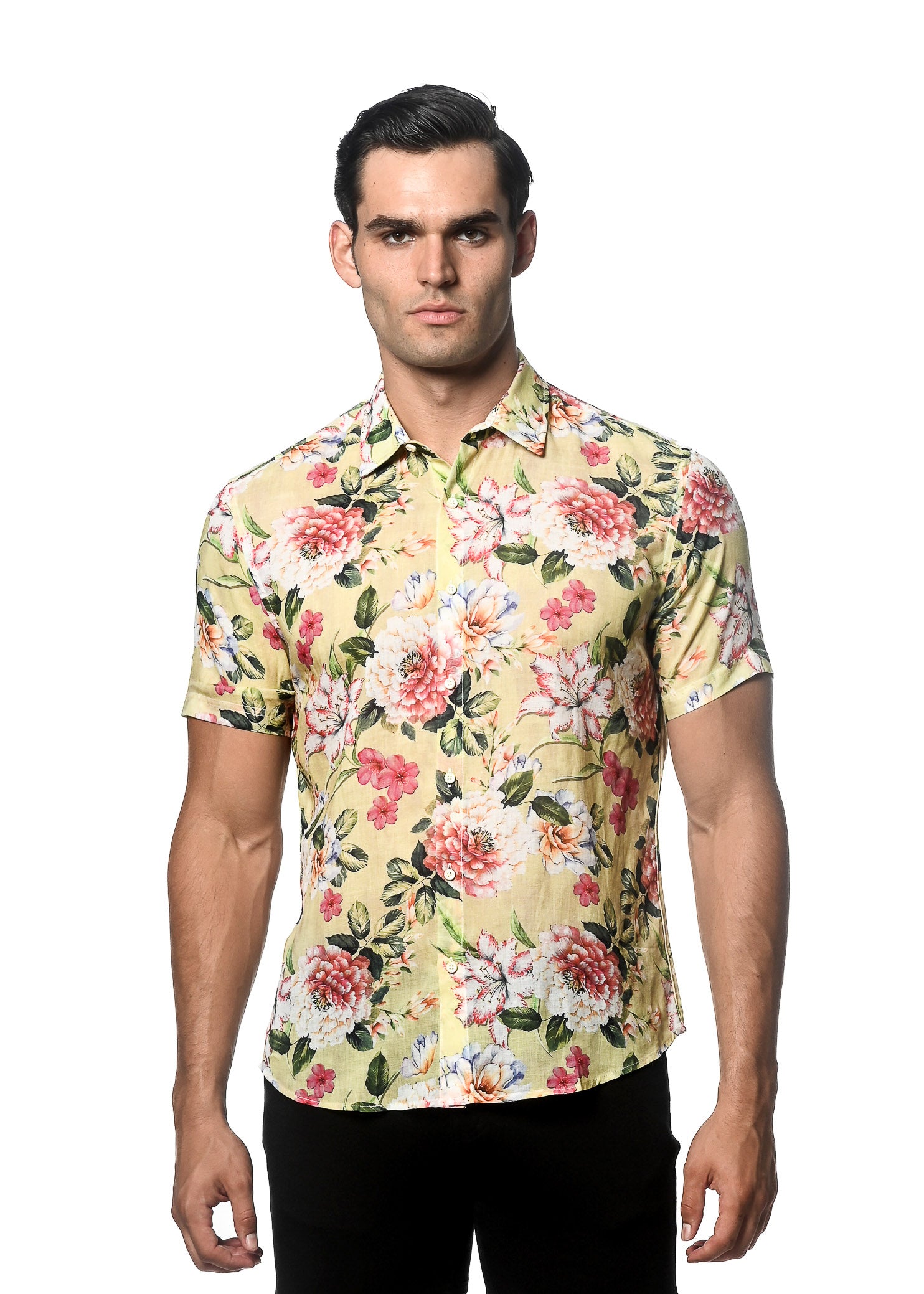 YELLOW/ PINK BLOOMS PRINTED LINEN TENCEL SHORT SLEEVES WOVEN SHIRT PM-45030