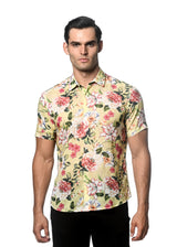 YELLOW/ PINK BLOOMS PRINTED LINEN TENCEL SHORT SLEEVES WOVEN SHIRT PM-45030