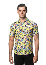 YELLOW/ BLUE FLORAL PRINTED COTTON SILK SHORT SLEEVES WOVEN SHIRT PM-46029