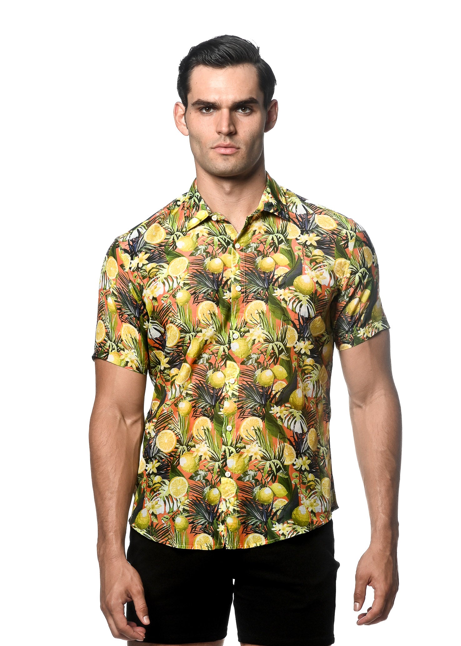 CORAL/ LEMON FRUITS PRINTED COTTON SILK SHORT SLEEVES WOVEN SHIRT PM-46030