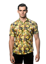 CORAL/ LEMON FRUITS PRINTED COTTON SILK SHORT SLEEVES WOVEN SHIRT PM-46030