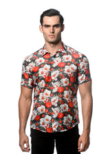RED/ GREY FLORAL PRINTED COTTON SILK SHORT SLEEVES WOVEN SHIRT PM-46031