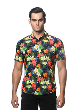 NAVY/ CRIMSON TROPICS PRINTED COTTON TENCEL SHORT SLEEVES WOVEN SHIRT PM-47041