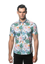 CLOUD/ TEAL FAUNA PRINTED COTTON TENCEL SHORT SLEEVES WOVEN SHIRT PM-47043