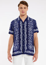 NAVY/WHITE PAISLEY VISCOSE/LINEN SHORT SLEEVE WOVEN CAMP SHIRT PM-47011
