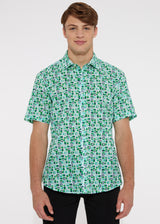 GREEN/BLACK SQUARES COTTON SEERSUCKER WOVEN SHORT SLEEVE SHIRT PM-14103