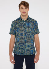 NAVY PAISLEY TENCEL/LINEN SHORT SLEEVE WOVEN SHIRT PM-45007