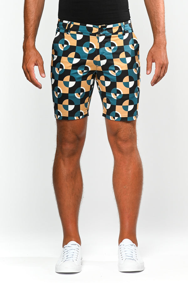 CAMEL/MARINE CIRCLES 8" PRINTED STRETCH WOVEN SHORTS PM-24706- Final Sale