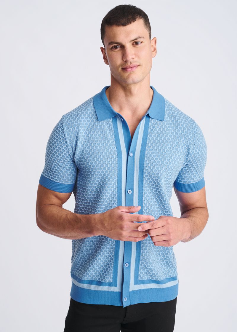LAGOON/GLACIER HONEYCOMB TEXTURED COTTON BUTTON FRONT KNIT SHIRT PM-16329