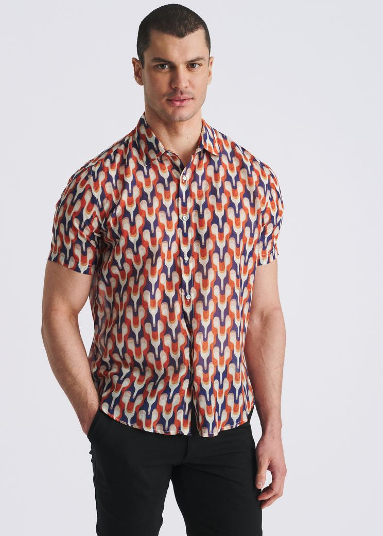 RUST/ADMIRAL SWIRLS PRINTED LIGHTWEIGHT COTTON/SILK SHORT SLEEVE SHIRT PM-46054