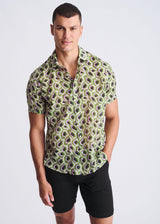 LILAC/SPROUT ABSTRACT PRINTED LIGHTWEIGHT COTTON/SILK SHORT SLEEVE SHIRT PM-46042