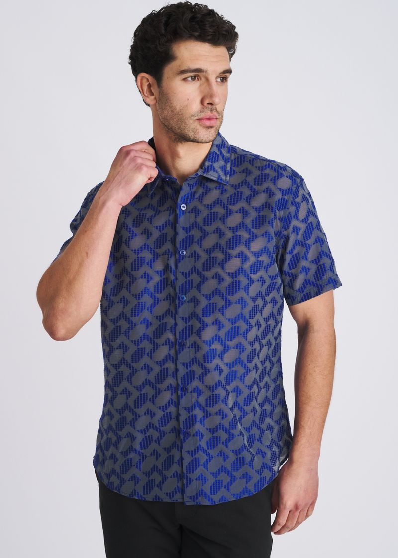 NAVY LIGHTWEIGHT RHOMBUS JACQUARD WOVEN SHORT SLEEVE SHIRT PM-51016