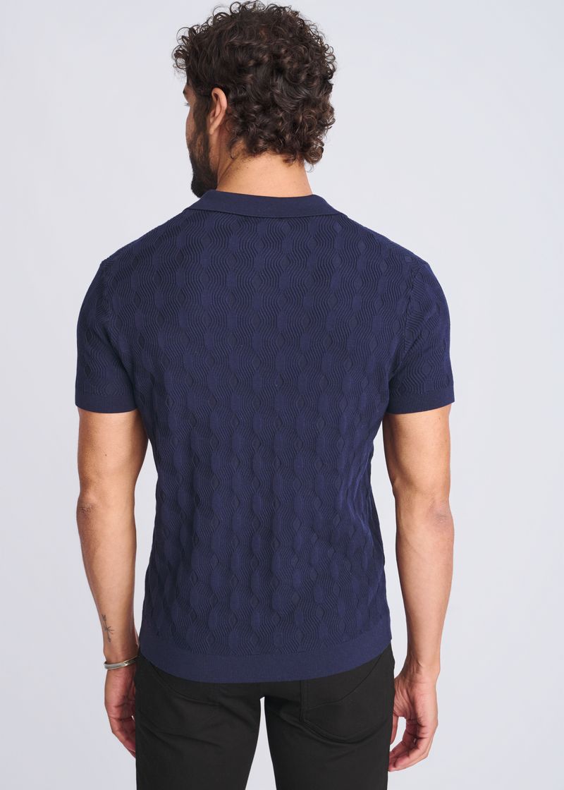 NAVY TEXTURED SILK/TENCEL 3-BUTTON KNIT POLO PM-16319