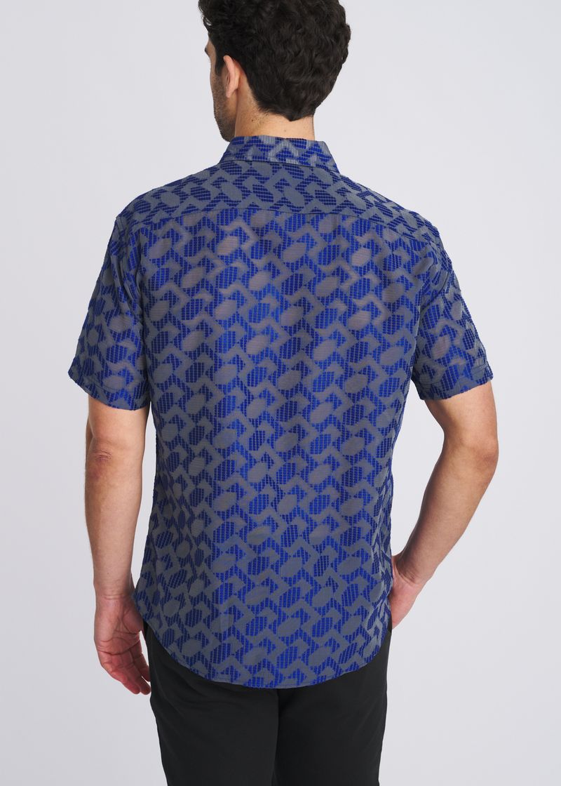 NAVY LIGHTWEIGHT RHOMBUS JACQUARD WOVEN SHORT SLEEVE SHIRT PM-51016